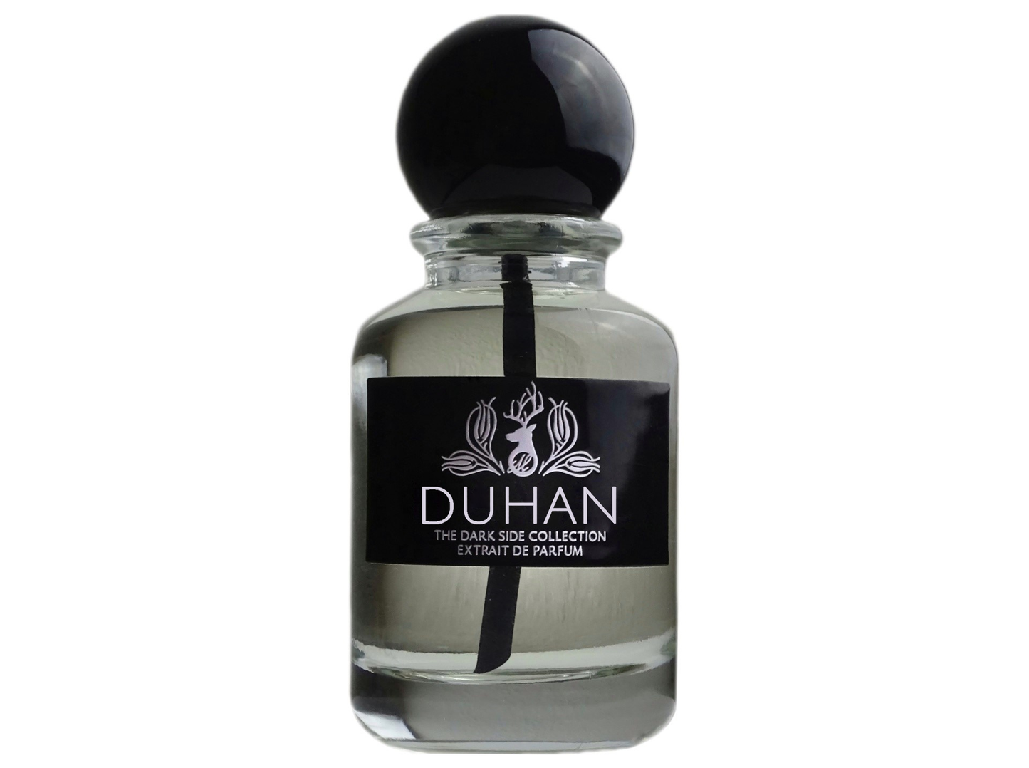 Merih Fragrance Duhan – charaktervoller, apothekeninspirierter Parfumflakon mit seitlichem Metalllabel in Schwarz, schwarzer Kugelkappe und markantem Steigrohr. The Dark Side Collection Extrait de Parfum.