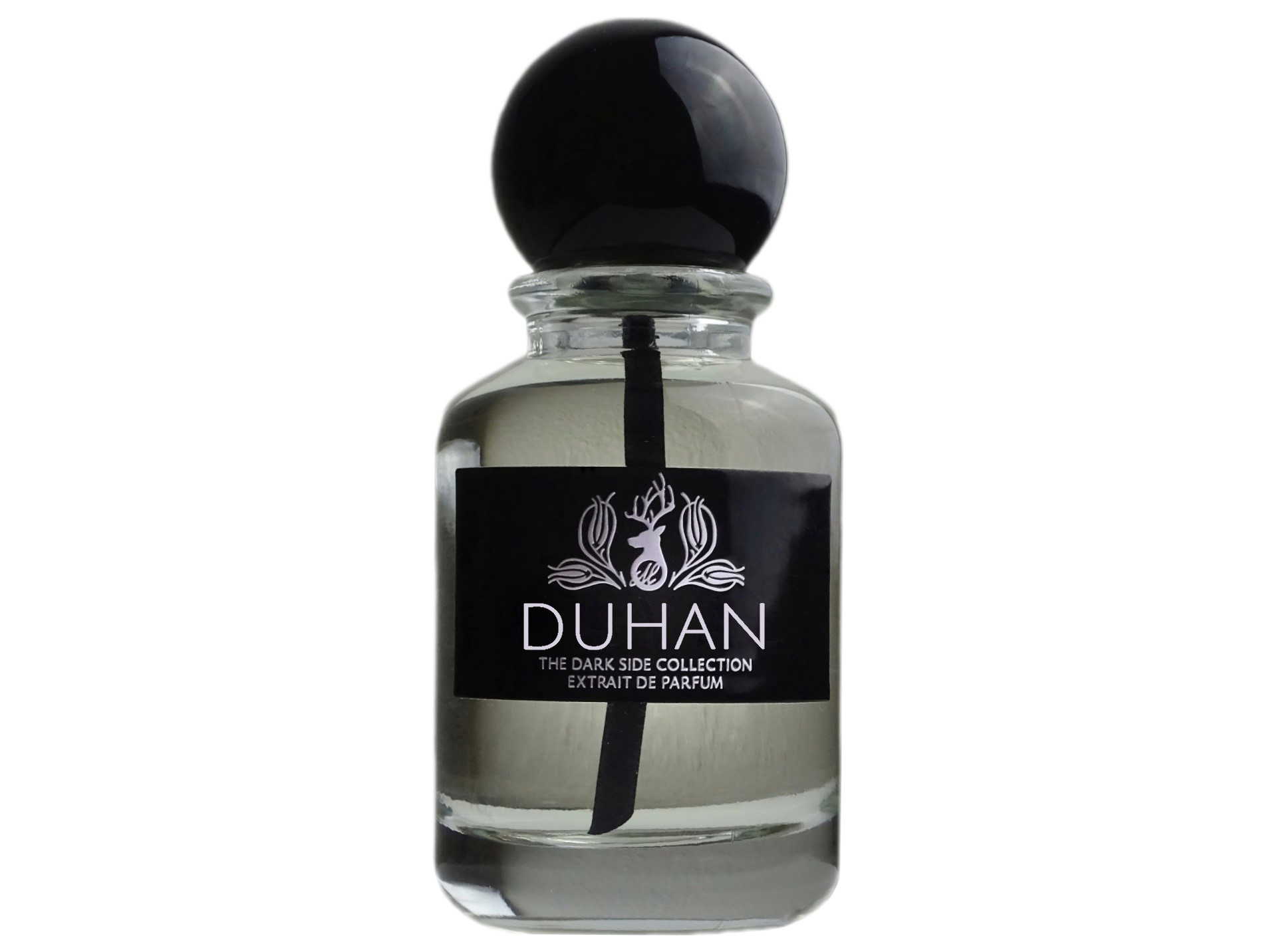 Merih Fragrance Duhan – charaktervoller, apothekeninspirierter Parfumflakon mit seitlichem Metalllabel in Schwarz, schwarzer Kugelkappe und markantem Steigrohr. The Dark Side Collection Extrait de Parfum.