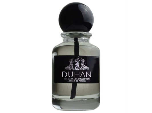 Merih Fragrance Duhan – charaktervoller, apothekeninspirierter Parfumflakon mit seitlichem Metalllabel in Schwarz, schwarzer Kugelkappe und markantem Steigrohr. The Dark Side Collection Extrait de Parfum.
