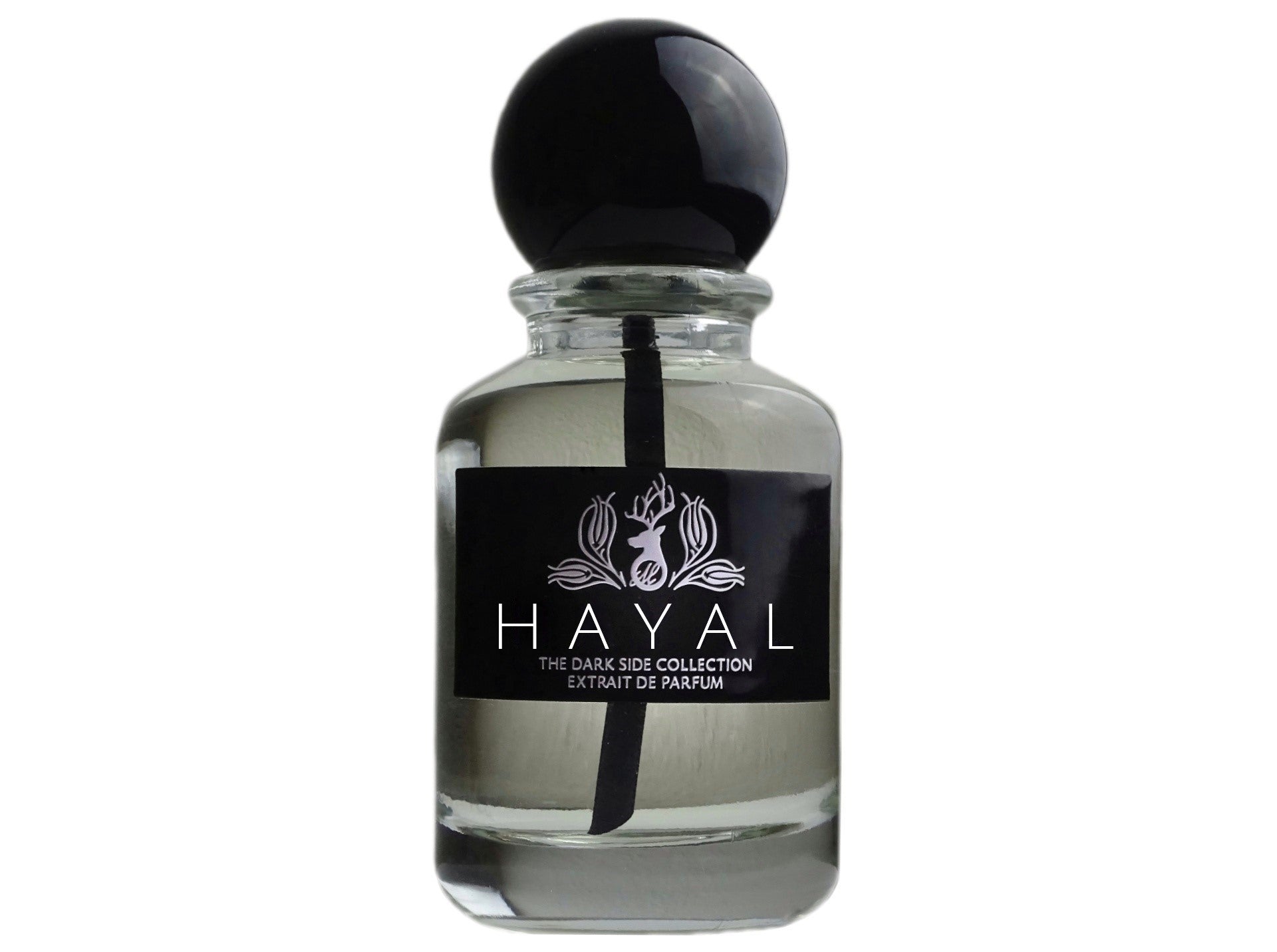 Merih Fragrance Hayal – apothekerflaschenähnlicher Parfumflakon mit seitlichem schwarzem Metalletikett, dickem schwarzen Steigrohr und glänzender, schwerer Kugelkappe. The Dark Side Collection Extrait de Parfum.