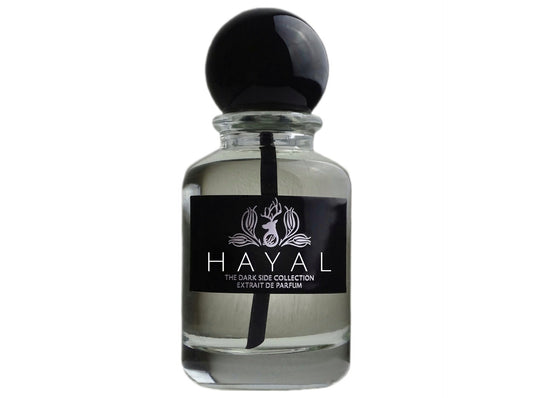 Merih Fragrance Hayal – apothekerflaschenähnlicher Parfumflakon mit seitlichem schwarzem Metalletikett, dickem schwarzen Steigrohr und glänzender, schwerer Kugelkappe. The Dark Side Collection Extrait de Parfum.