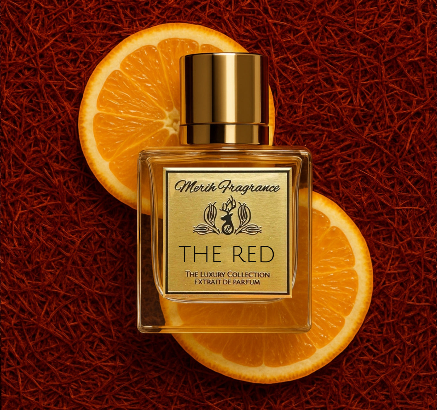 The Red parfüm auf 2 orangenscheiben liegen auf dem boden auf einem hintergrund voller safranfäden