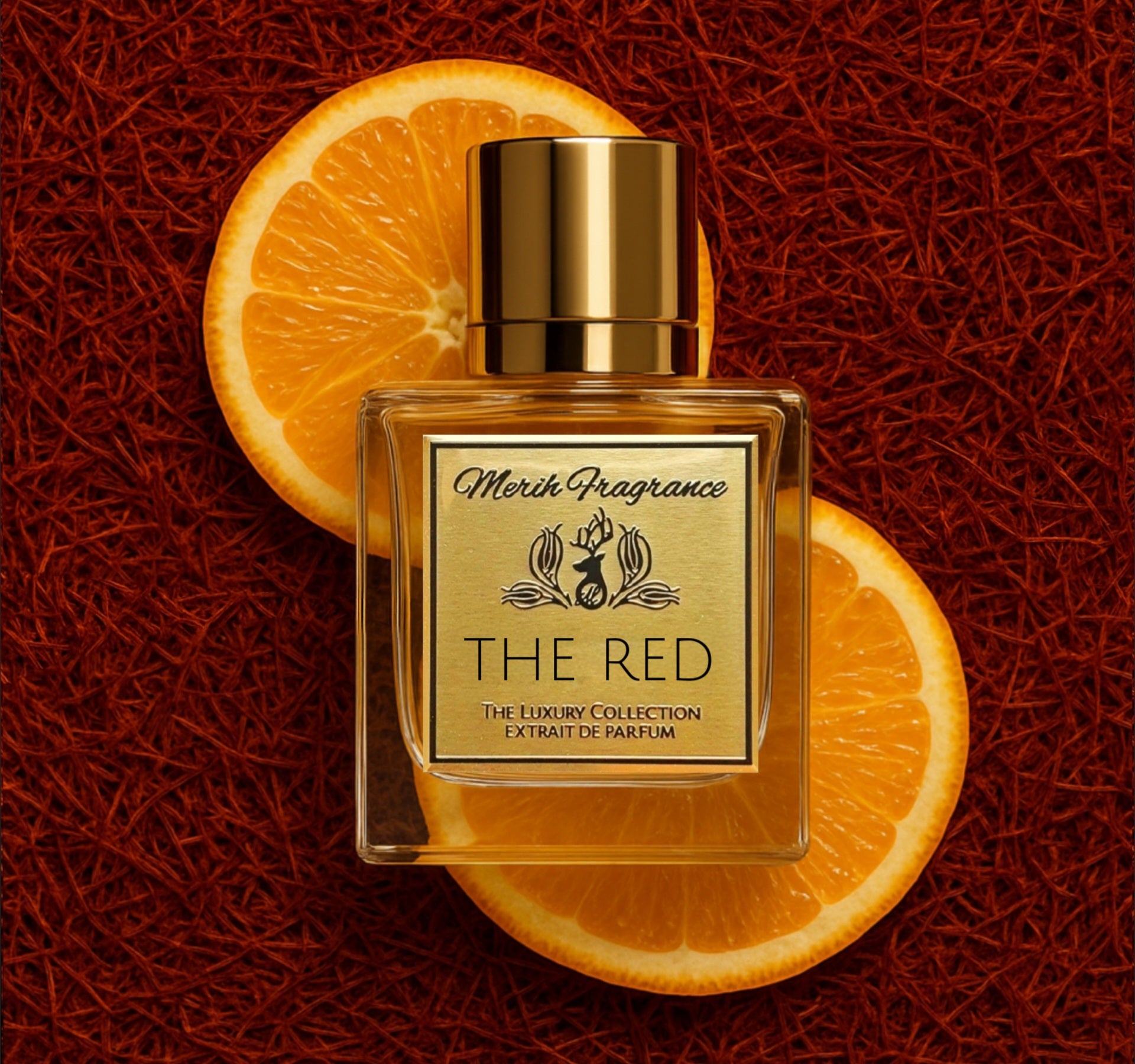 The Red parfüm auf 2 orangenscheiben liegen auf dem boden auf einem hintergrund voller safranfäden