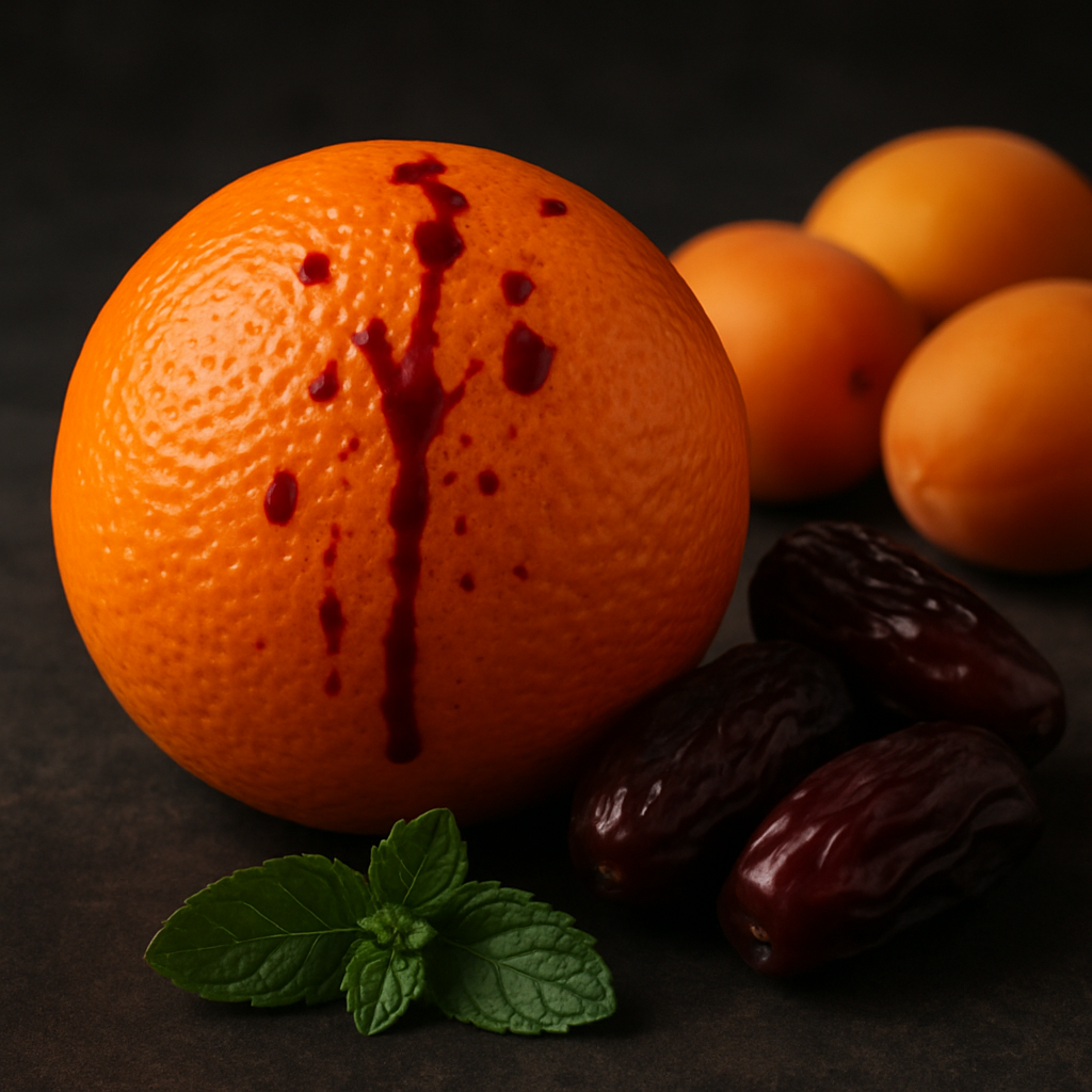 Eine orange mit blutspritzer und minzbläter und datteln und aprikosen auf dem bild. Eine anspielung auf die story wo sich die frauen ägyptens sich in die hände schnitten durch anblick des schönen und weißen Yuzarsifs 