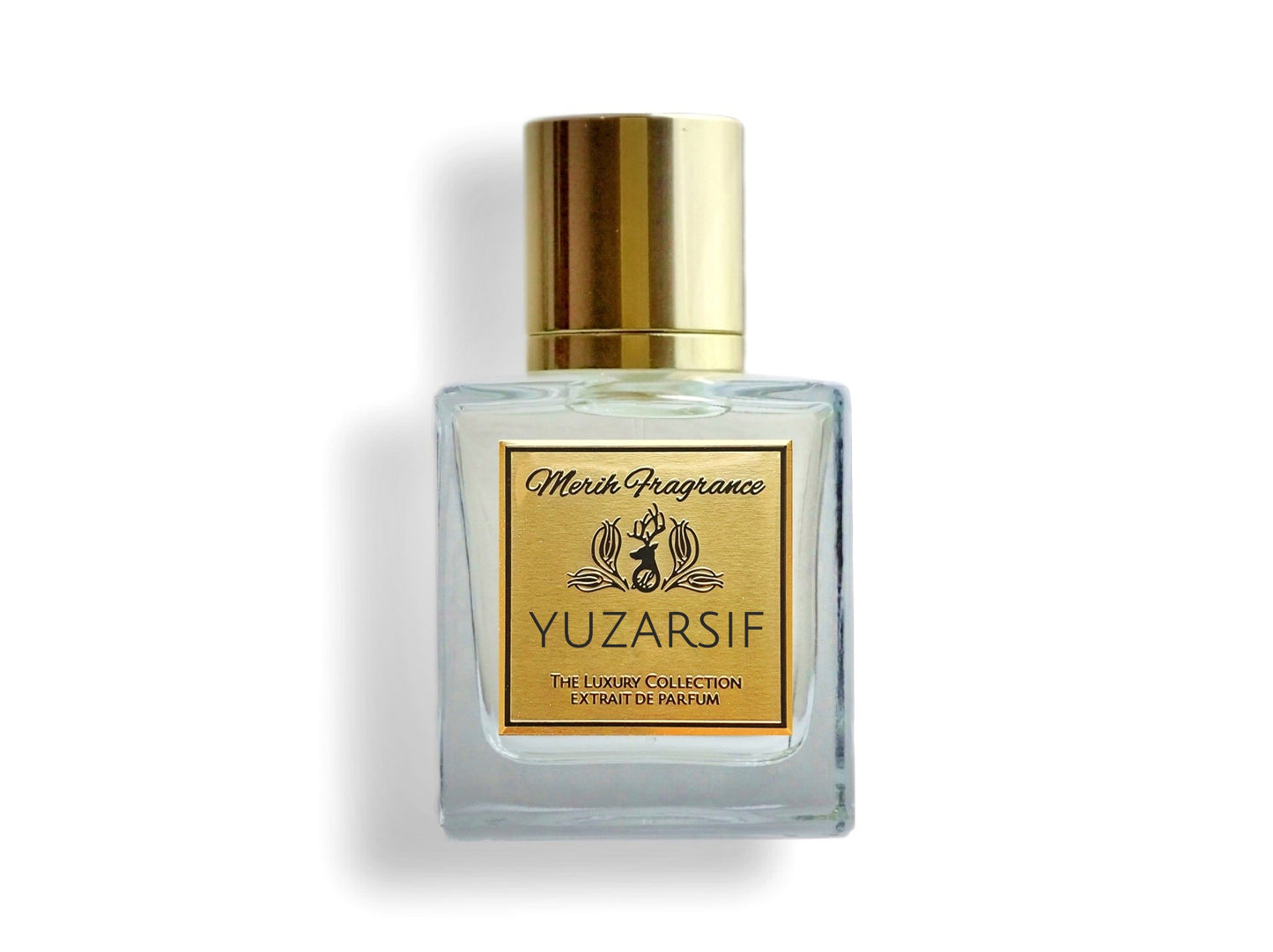 Merih Fragrance Yuzarsif – eleganter Flakon mit goldfarbenem Etikett und metallischer Magnetkappe in Goldoptik. The Luxury Collection Extrait de Parfum
